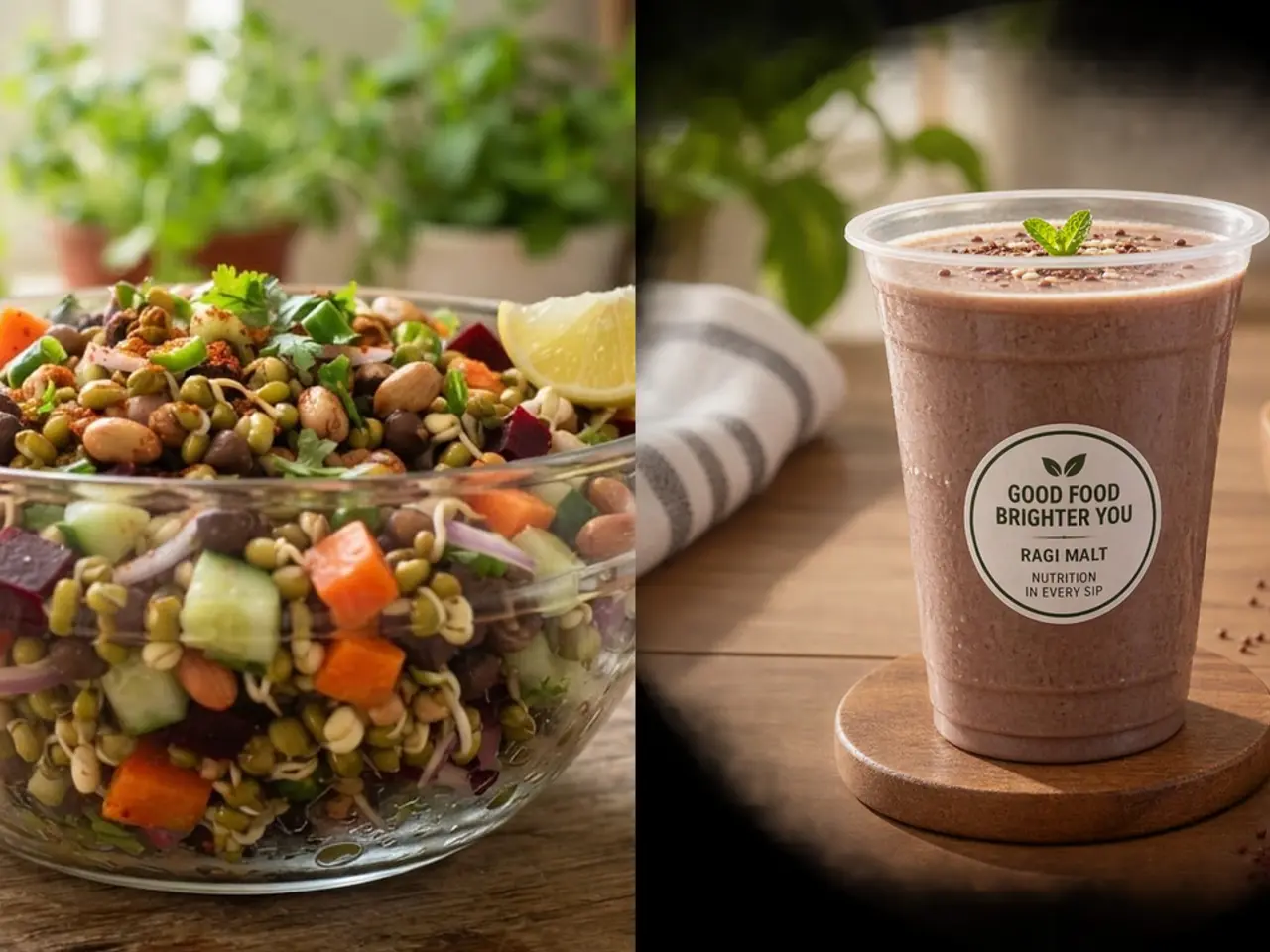 Sprouts salad bowl served with a traditional ragi malt